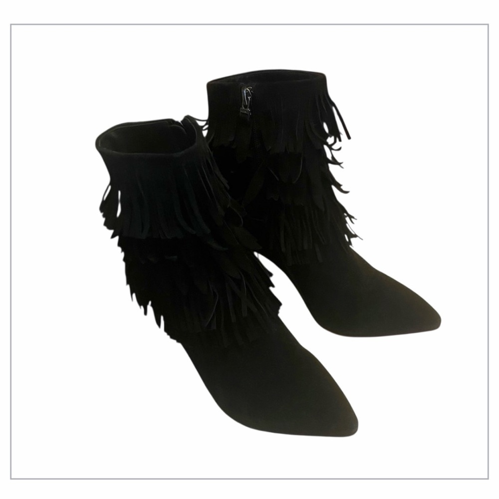 Black Suede Woman’s Pointed Toe Fringe Red Sole Stiletto Heel Ankle Booties - Picture 16 of 16